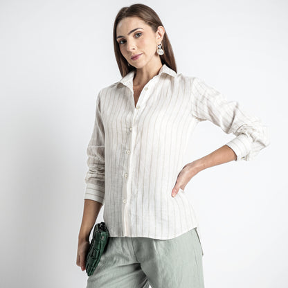 Ais – French Double Cuff Linen Shirt – Sand Blanc Stripes