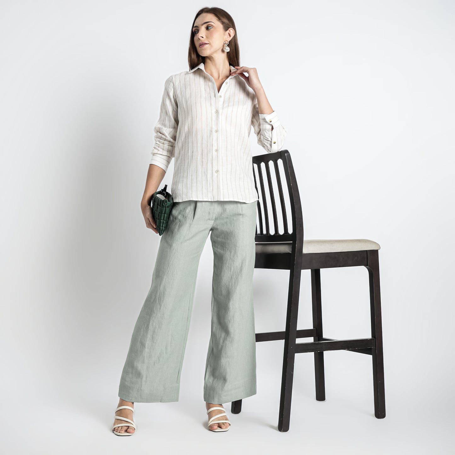 Ais – French Double Cuff Linen Shirt – Sand Blanc Stripes