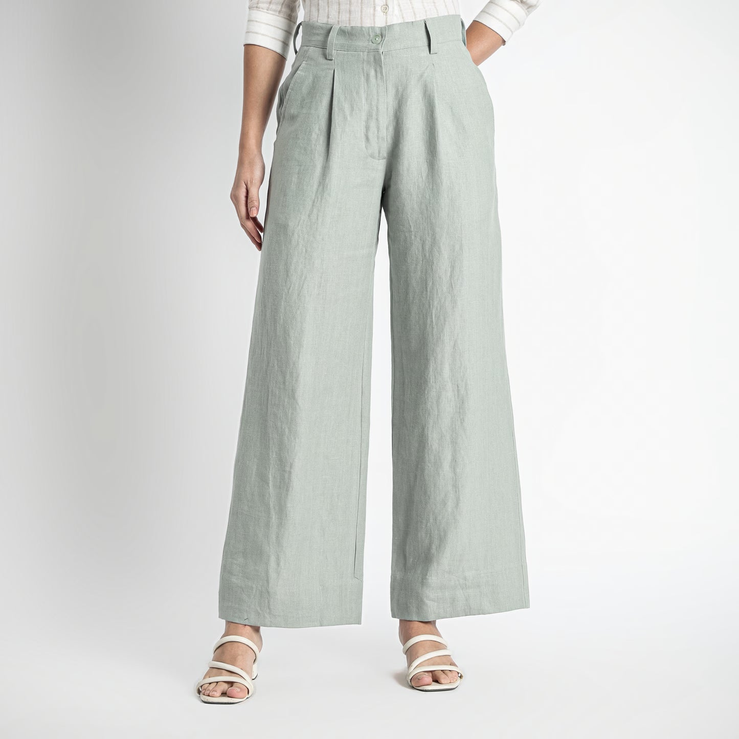 Summit – Pleated Wide-Leg Linen Trousers – Olive
