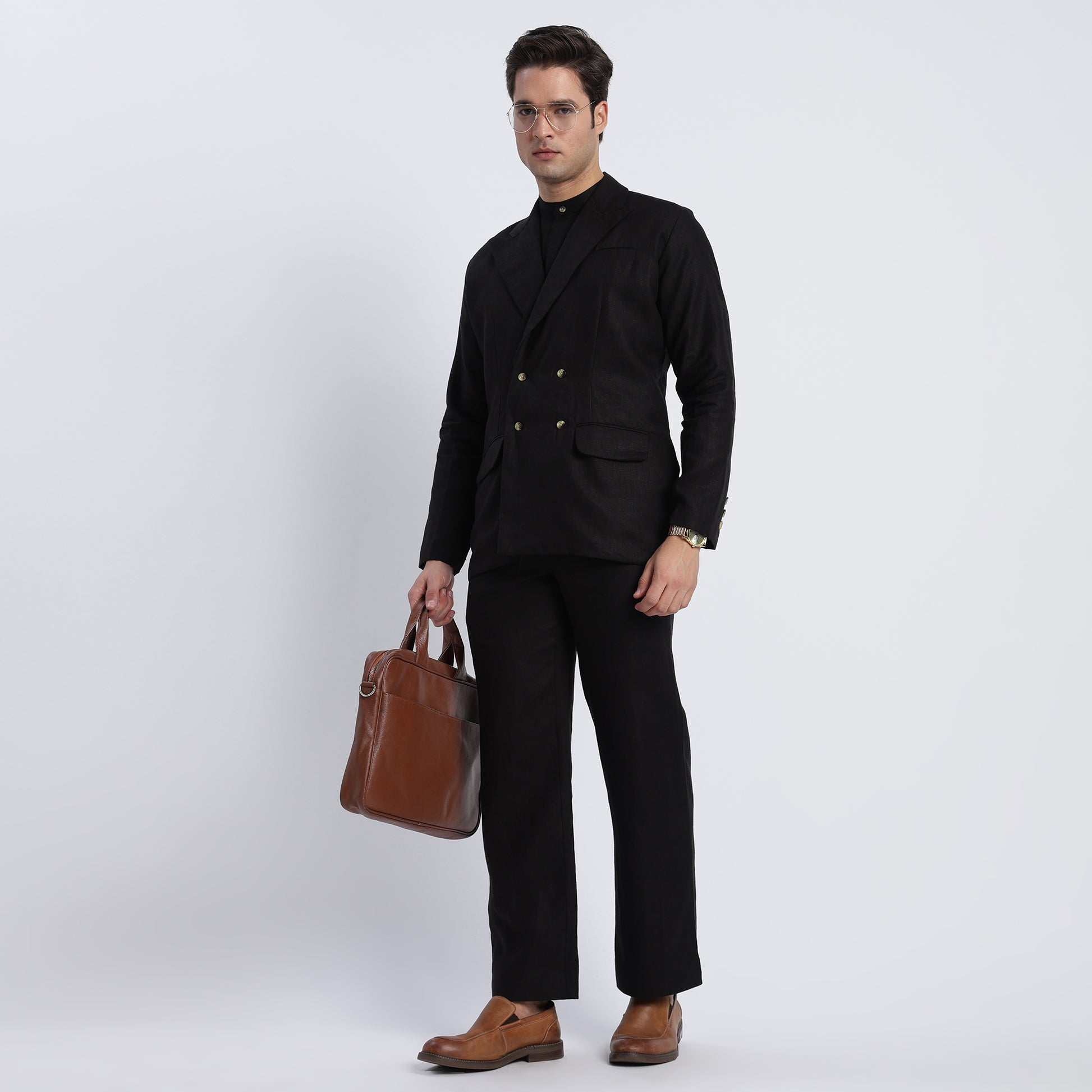 Men’s black linen blazer featuring a double-breasted four-button design