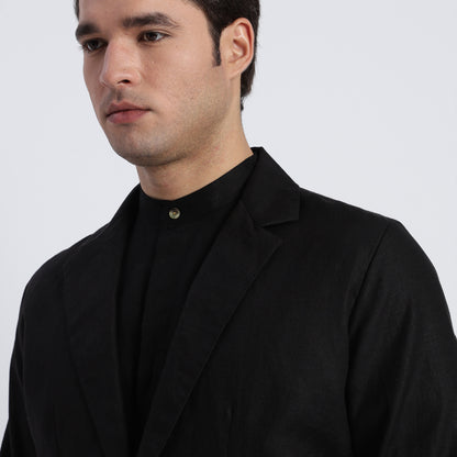 Men’s black linen blazer featuring classic notch lapels and tailored construction