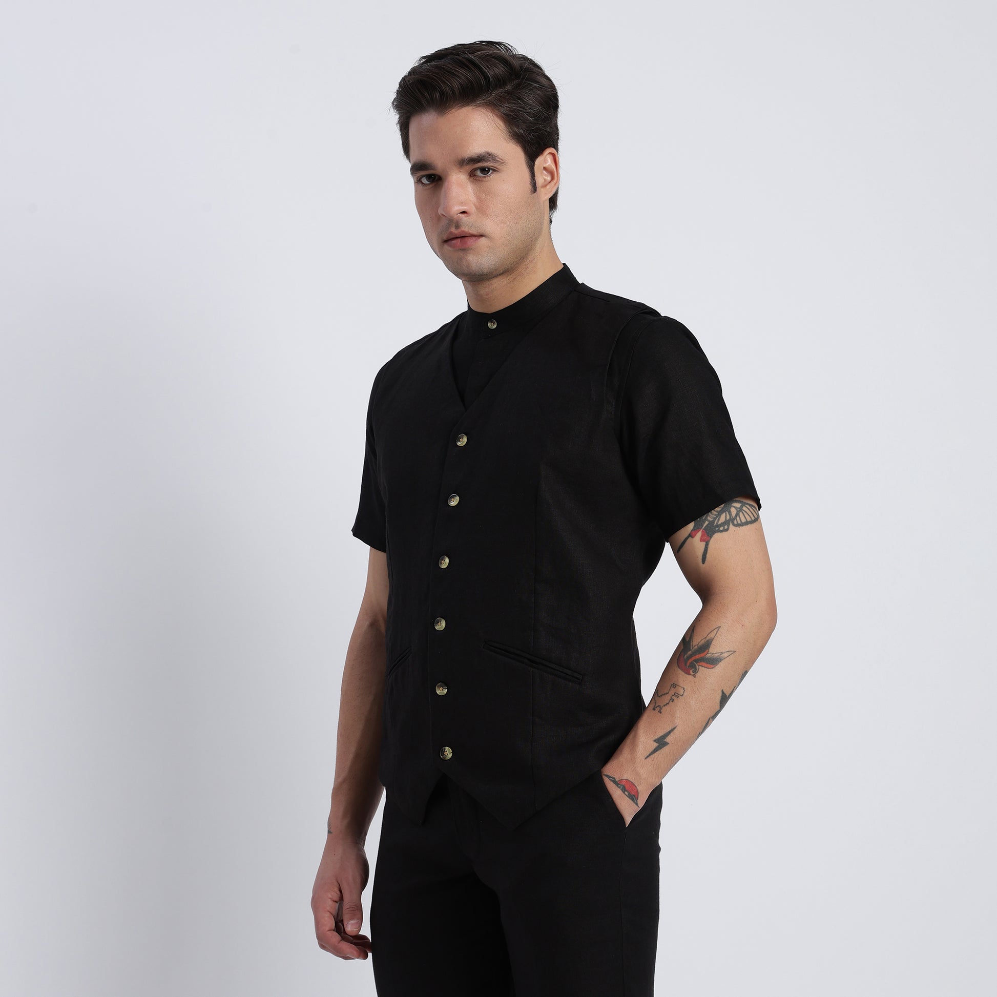 Tailored men’s black linen waistcoat designed for formal and smart-casual wear