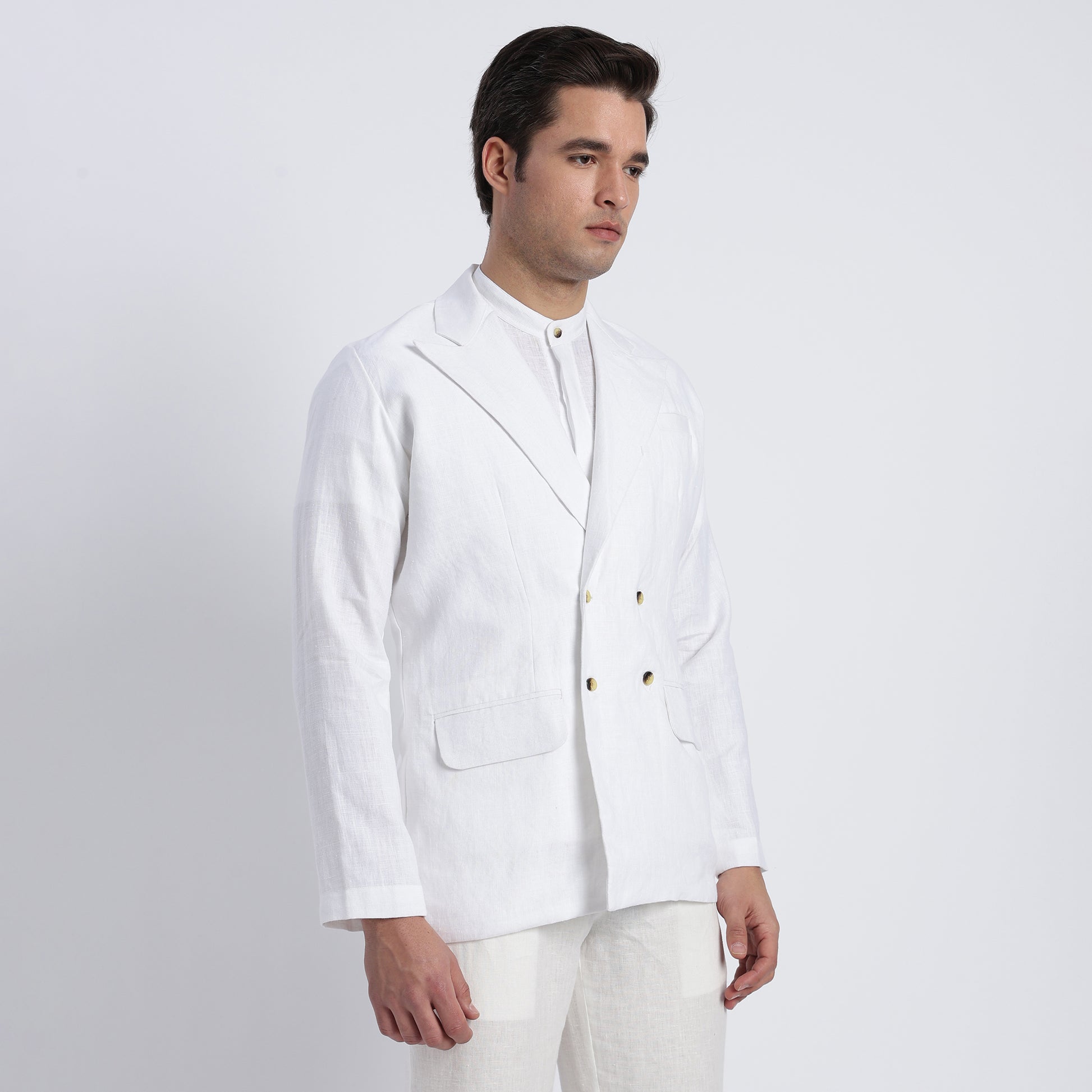 White linen double-breasted blazer with a clean tailored fit for men