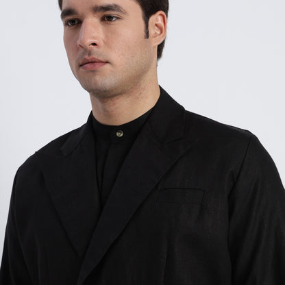 Black linen double-breasted blazer with a clean tailored fit for men