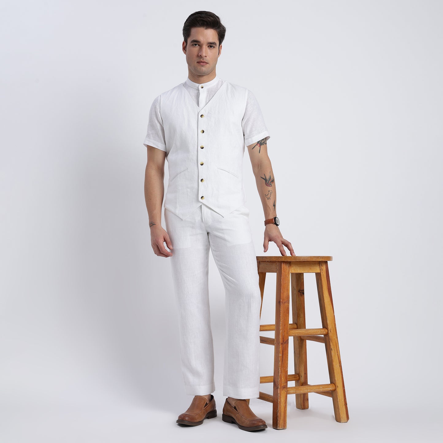 Men’s white linen tailored waistcoat crafted from breathable European flax linen