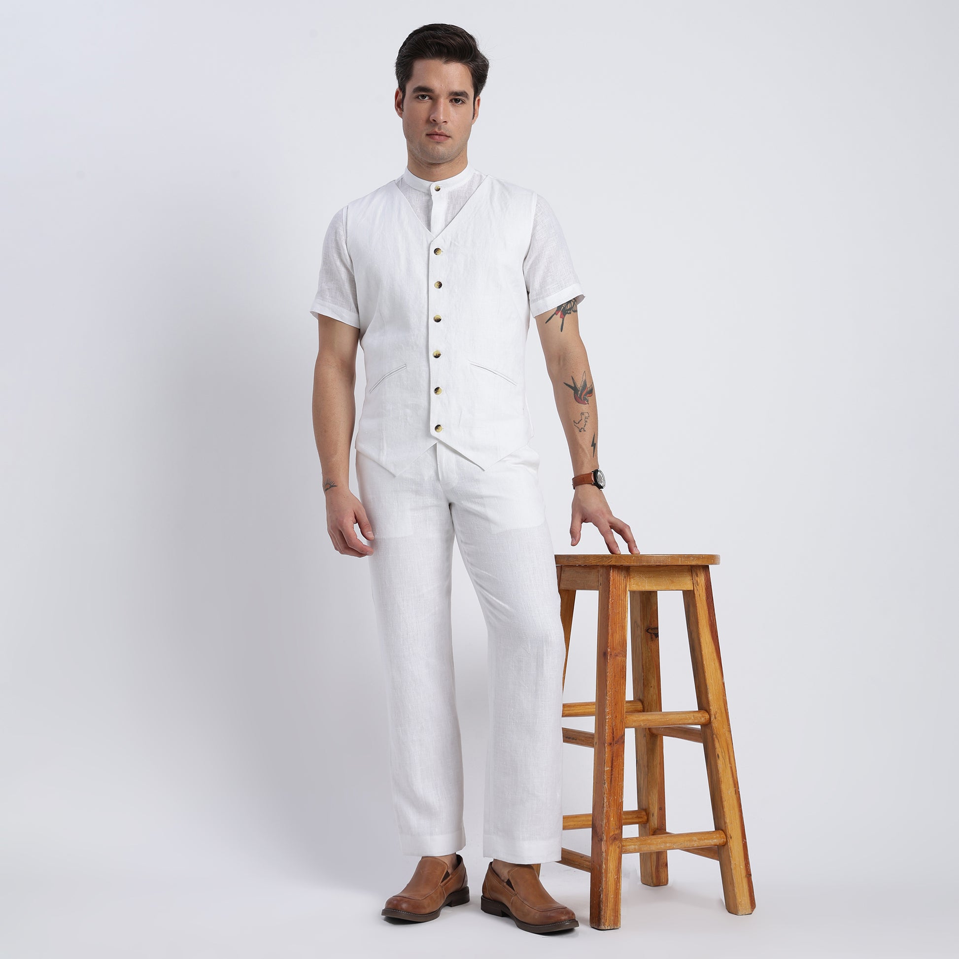 Men’s white linen tailored waistcoat crafted from breathable European flax linen