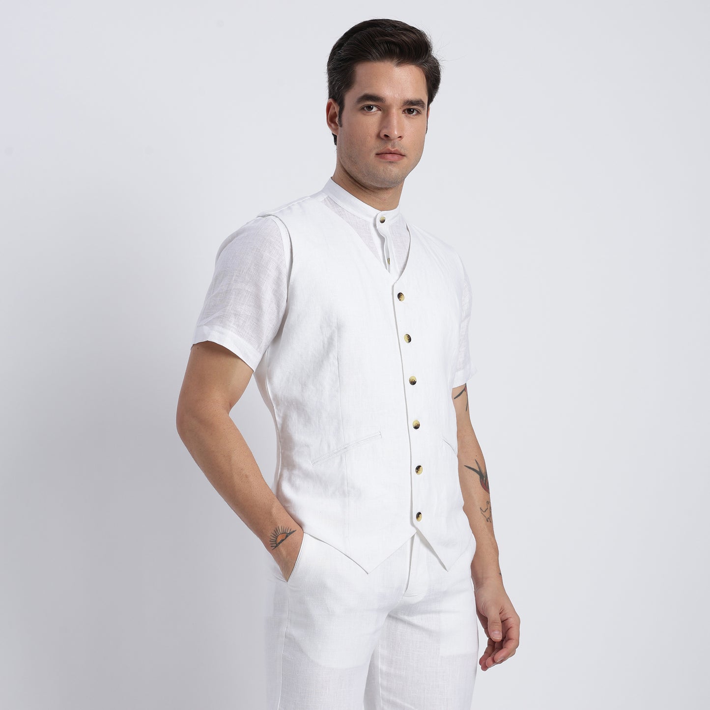Tailored men’s white linen waistcoat designed for formal and smart-casual wear