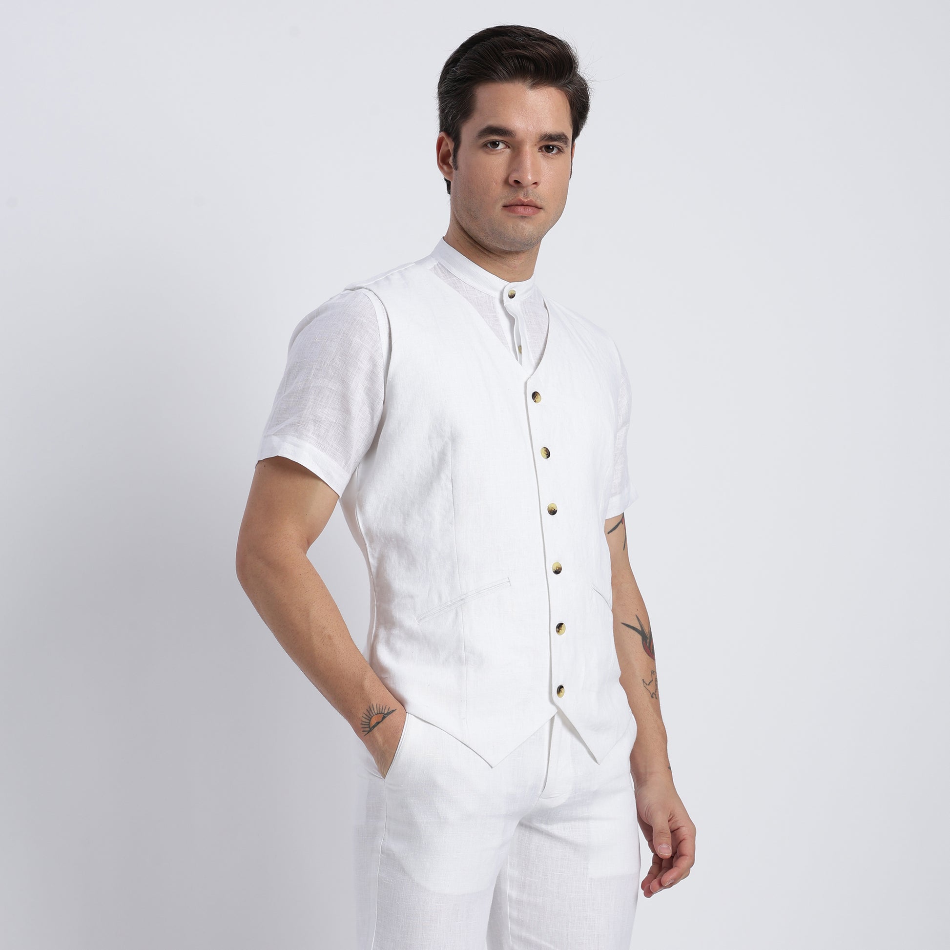 Tailored men’s white linen waistcoat designed for formal and smart-casual wear