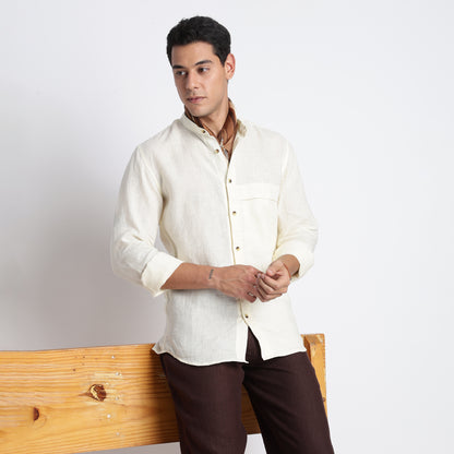 Classic men’s band collar linen shirt in butter with a timeless silhouette