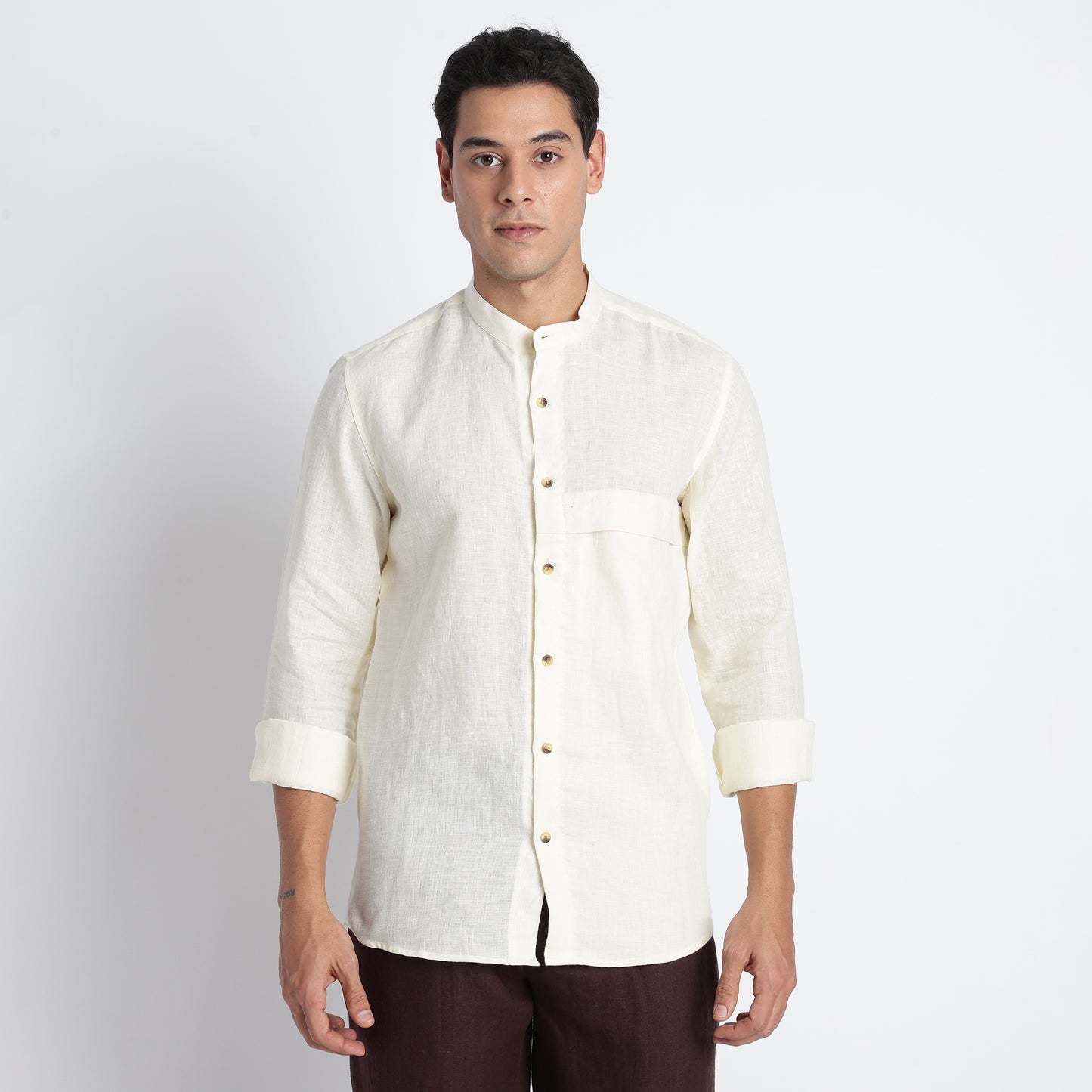ODIN men’s band collar shirt in butter crafted from breathable European flax linen