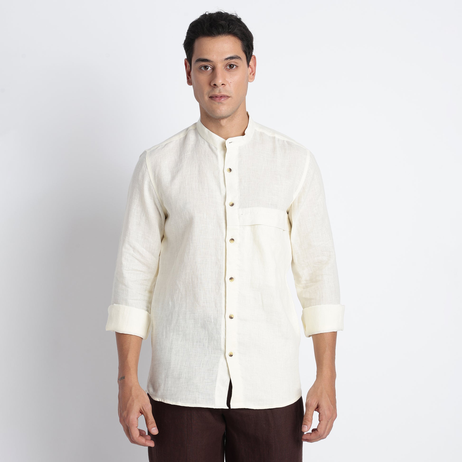 ODIN men’s band collar shirt in butter crafted from breathable European flax linen
