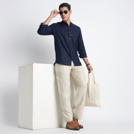 ODIN men’s band collar shirt in indigo crafted from breathable European flax linen