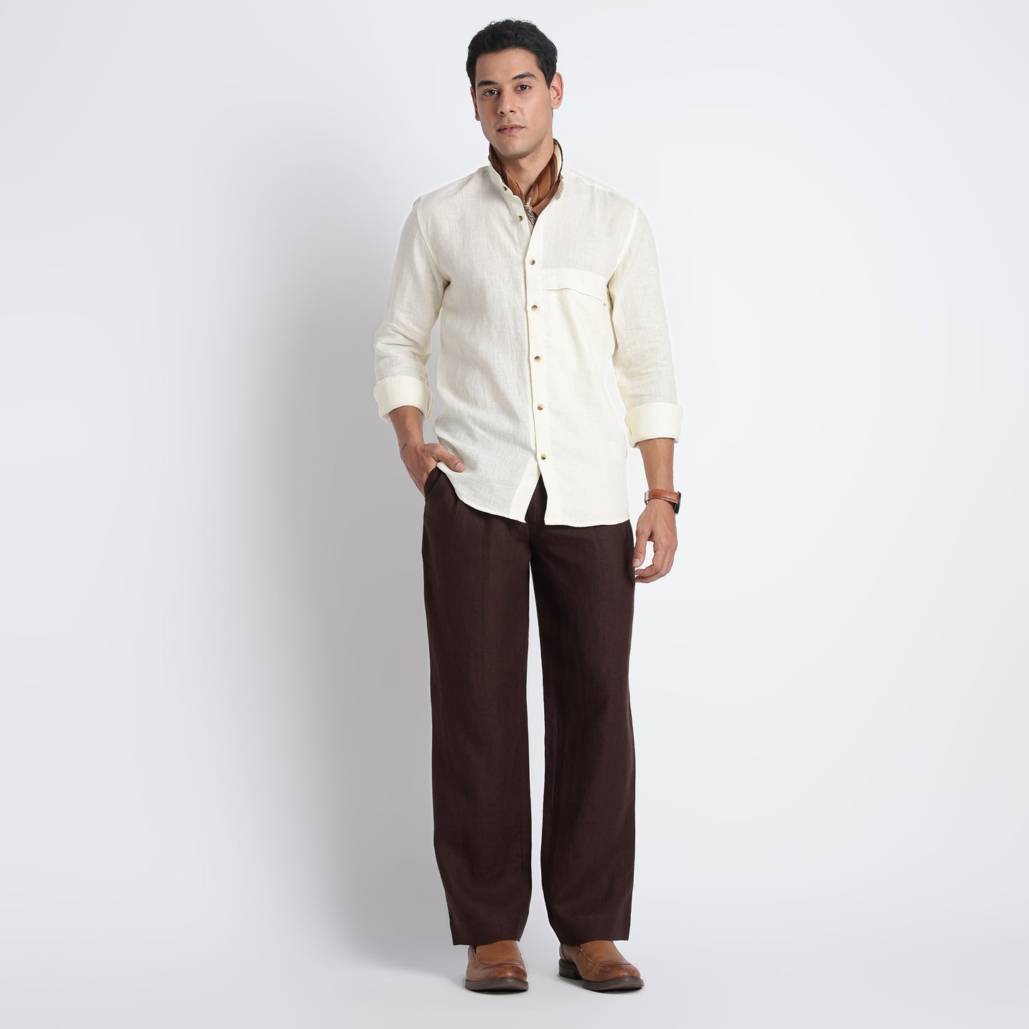 Minimal men’s linen shirt in butter with refined modern tailoring