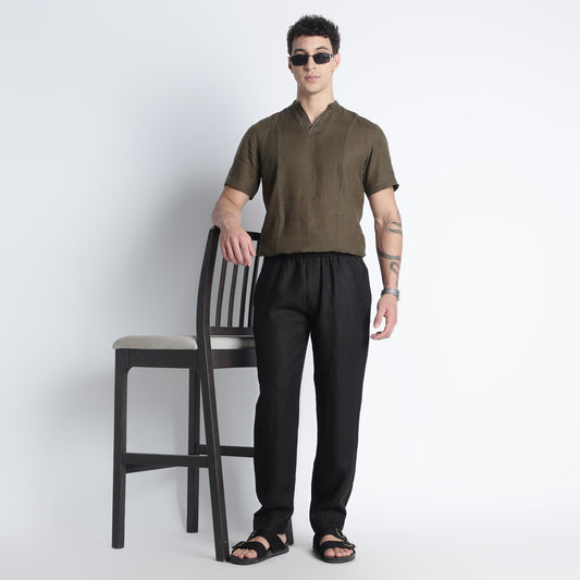 PHUKET men’s straight fit linen trousers in noire crafted from European flax linen