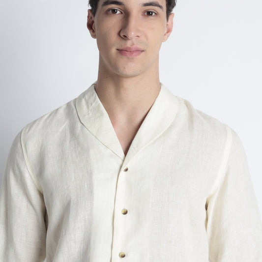 SERPENT men’s shawl collar linen shirt in butter crafted from European flax linen