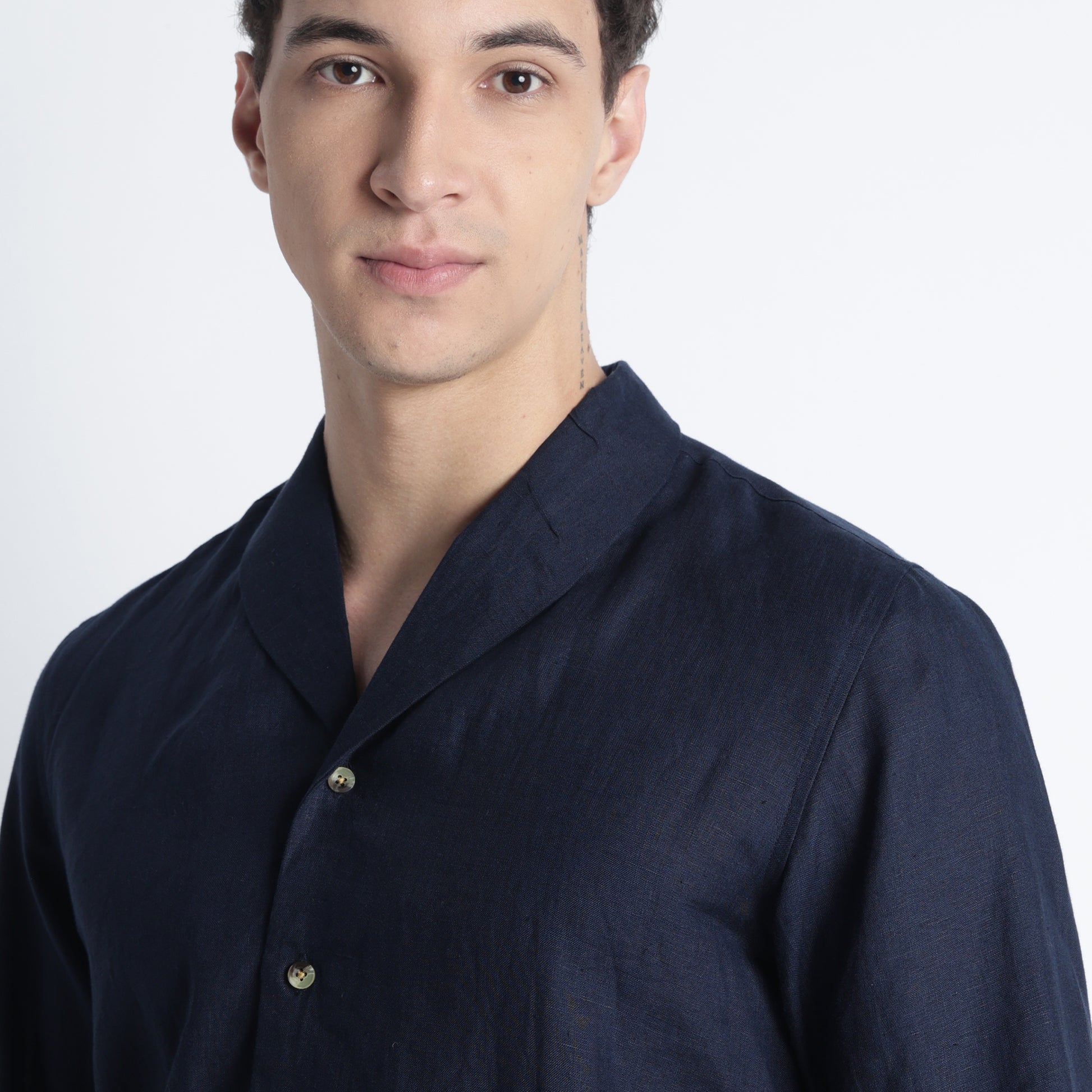 SERPENT men’s shawl collar linen shirt in indigo crafted from European flax linen