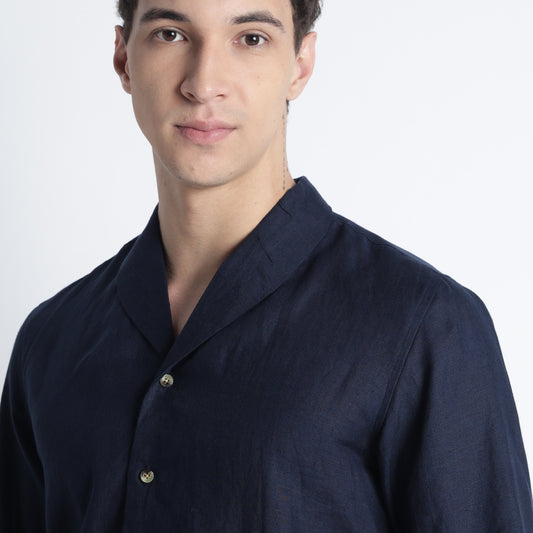 SERPENT men’s shawl collar linen shirt in indigo crafted from European flax linen