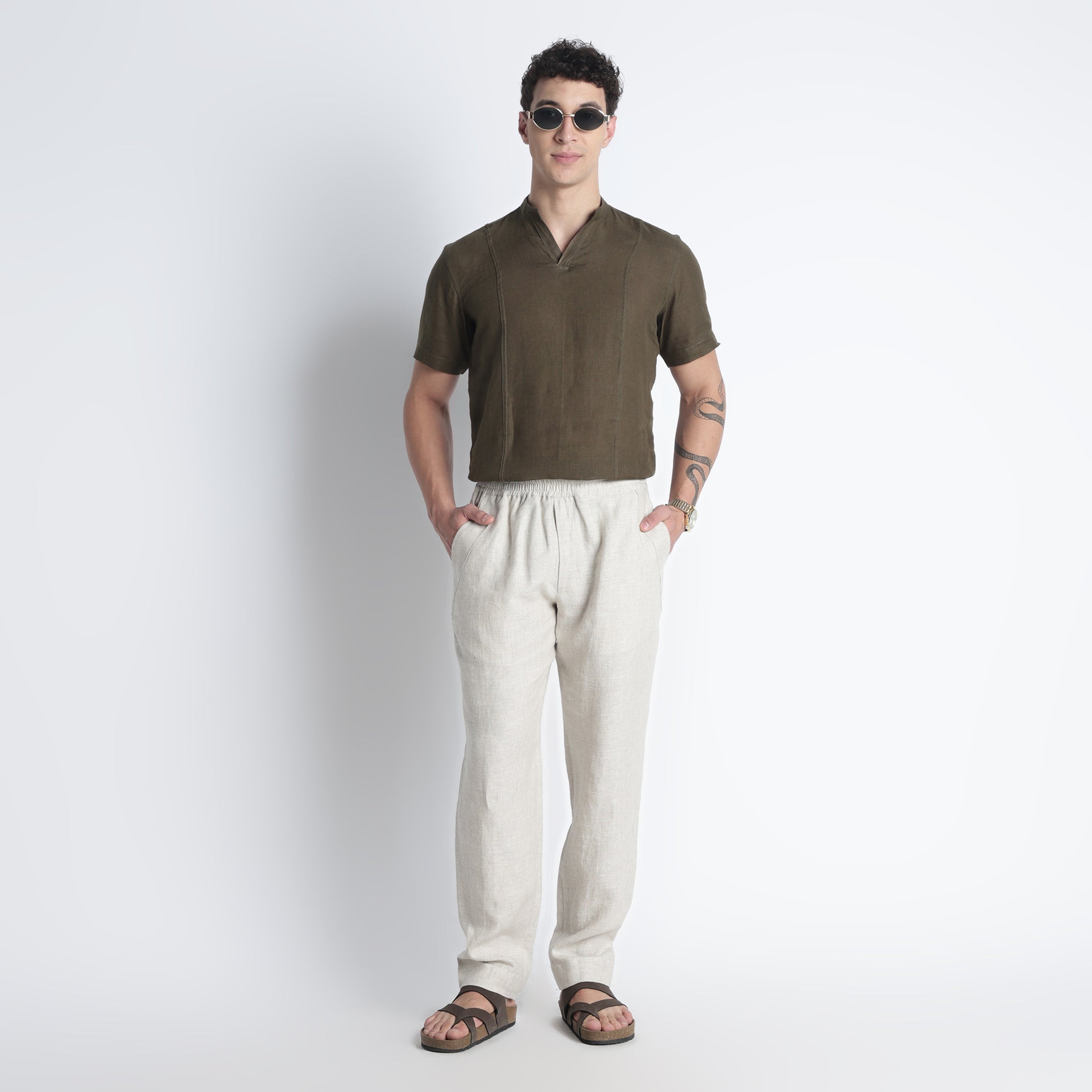 TEXAS men’s dual pocket linen shirt in sand crafted from European flax linen