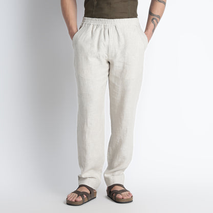 Men’s linen button-down shirt in sand with a relaxed, breathable finish