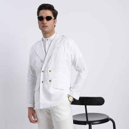 Classic men’s white linen double-breasted blazer with a structured finish